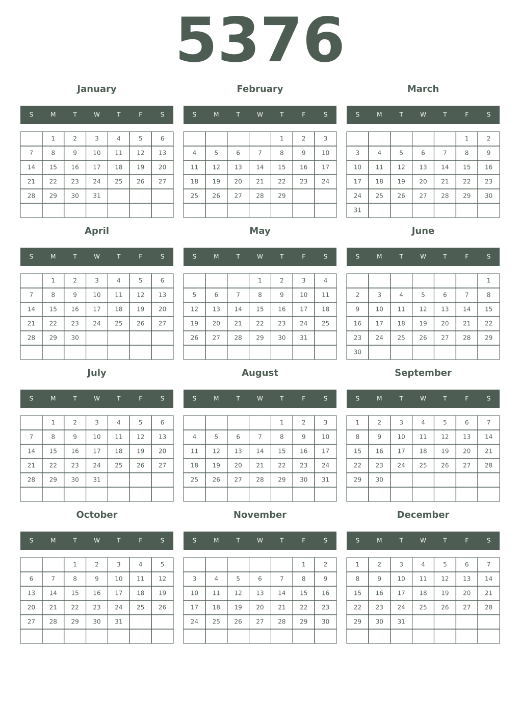 Printable 5376 Year Calendars feldgrau