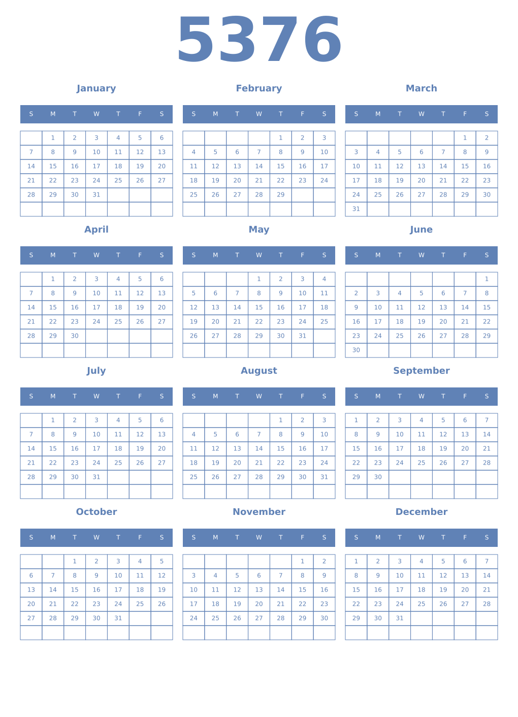 Printable 5376 Year Calendars glaucous
