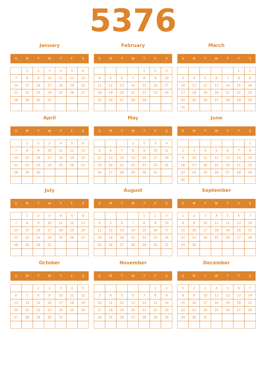 Printable 5376 Year Calendars orange