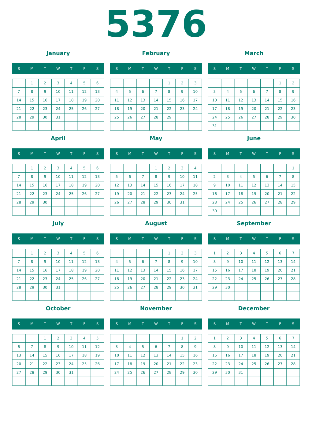 Printable 5376 Year Calendars pastel