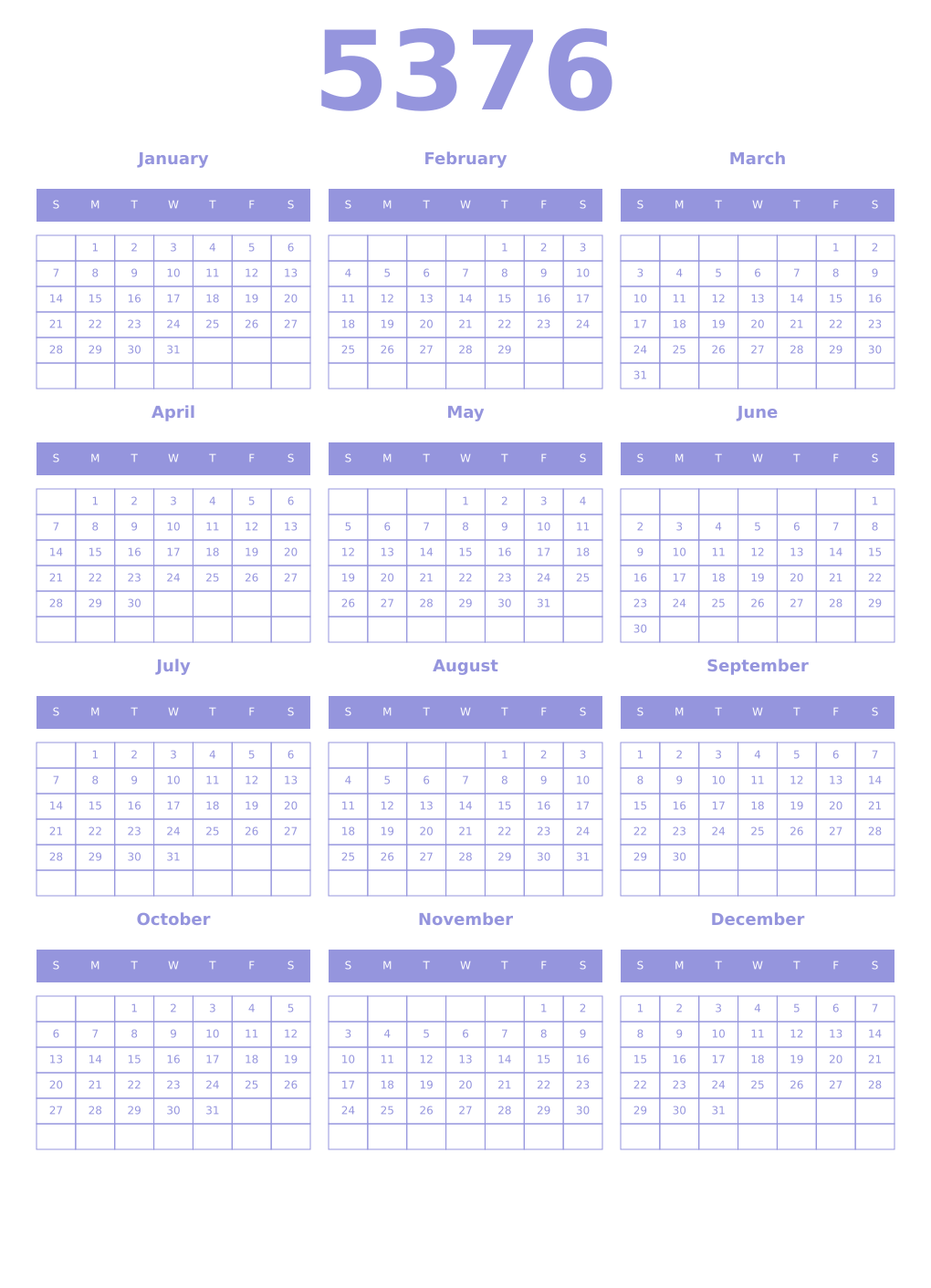 Printable 5376 Year Calendars periwinkle