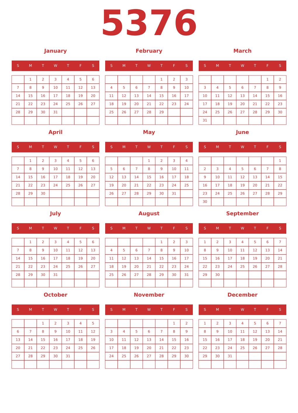 Printable 5376 Year Calendars red