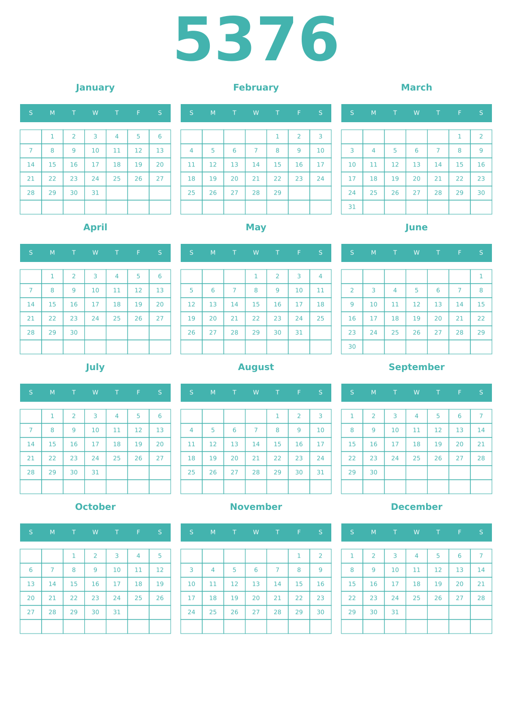 Printable 5376 Year Calendars verdigris