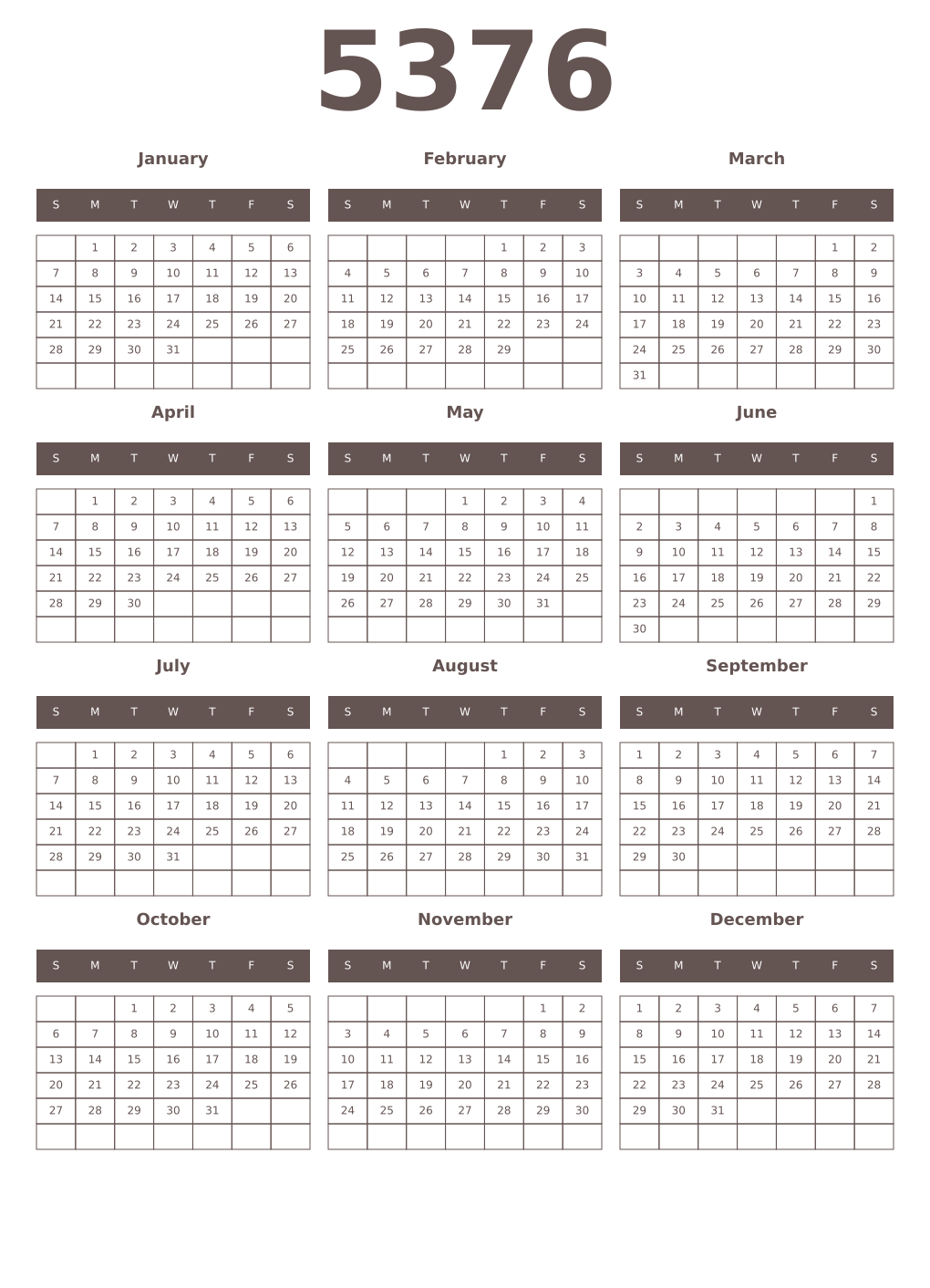 Printable 5376 Year Calendars wenge
