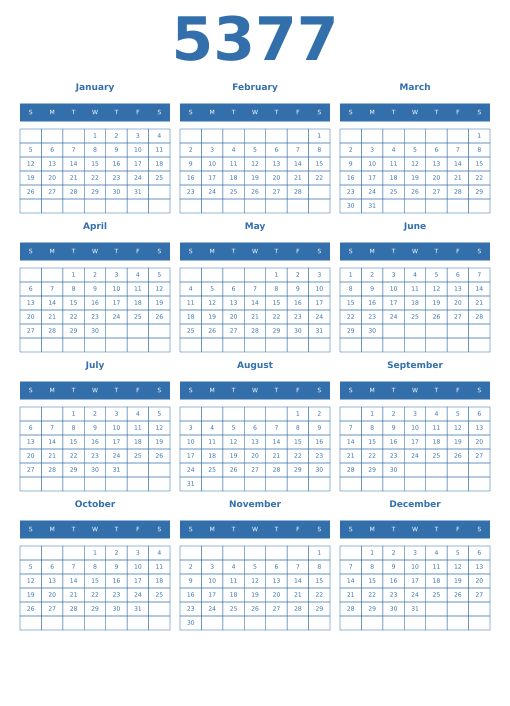 Printable 5377 Year Calendars blue