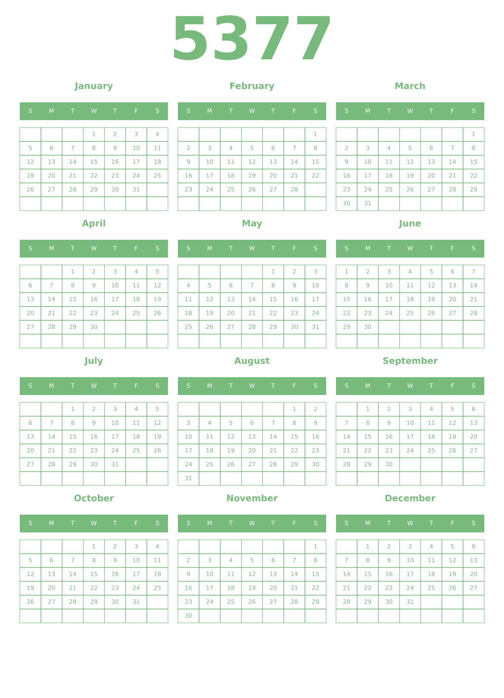 Printable 5377 Year Calendars celadon