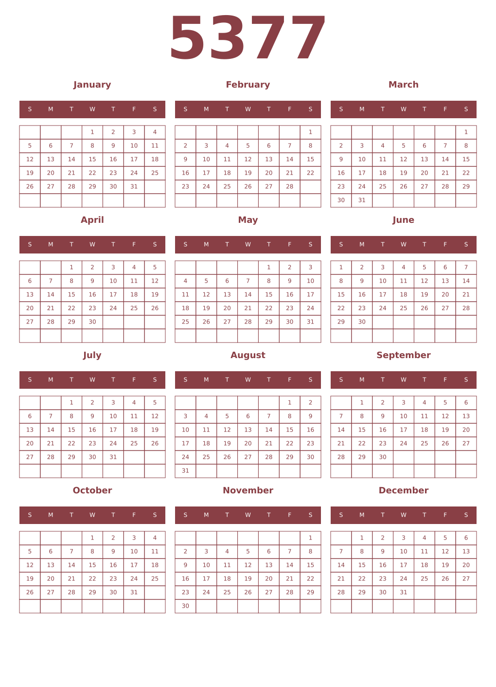 Printable 5377 Year Calendars cordovan