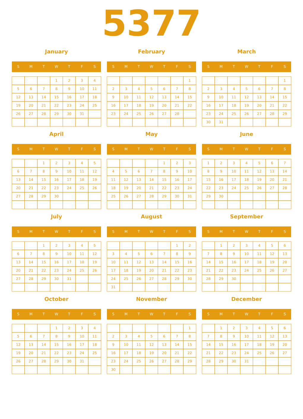 Printable 5377 Year Calendars gamboge