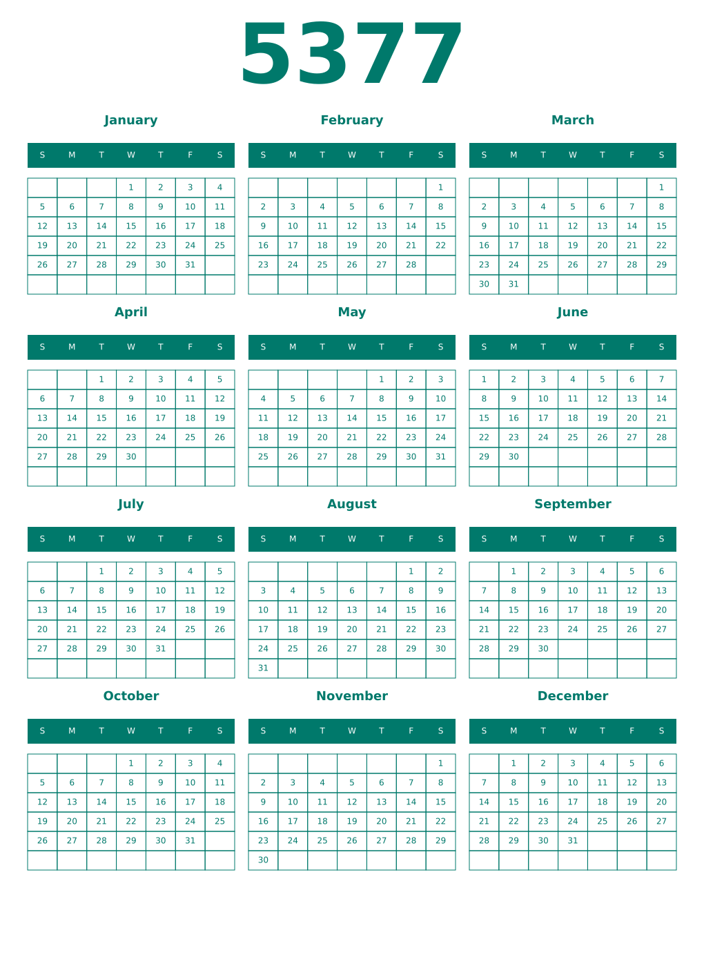 Printable 5377 Year Calendars pastel
