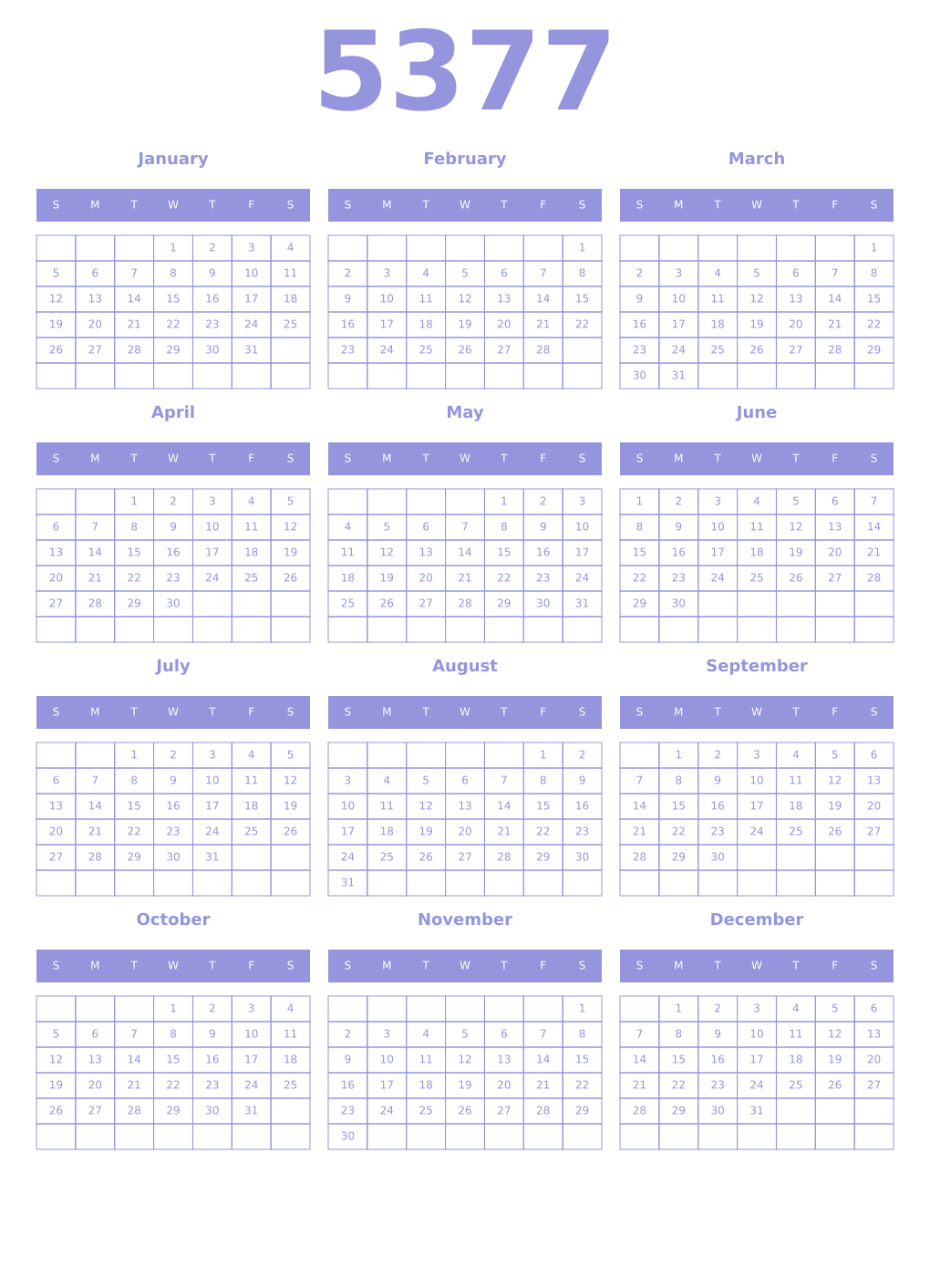Printable 5377 Year Calendars periwinkle