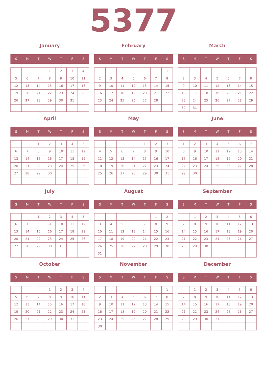 Printable 5377 Year Calendars puce