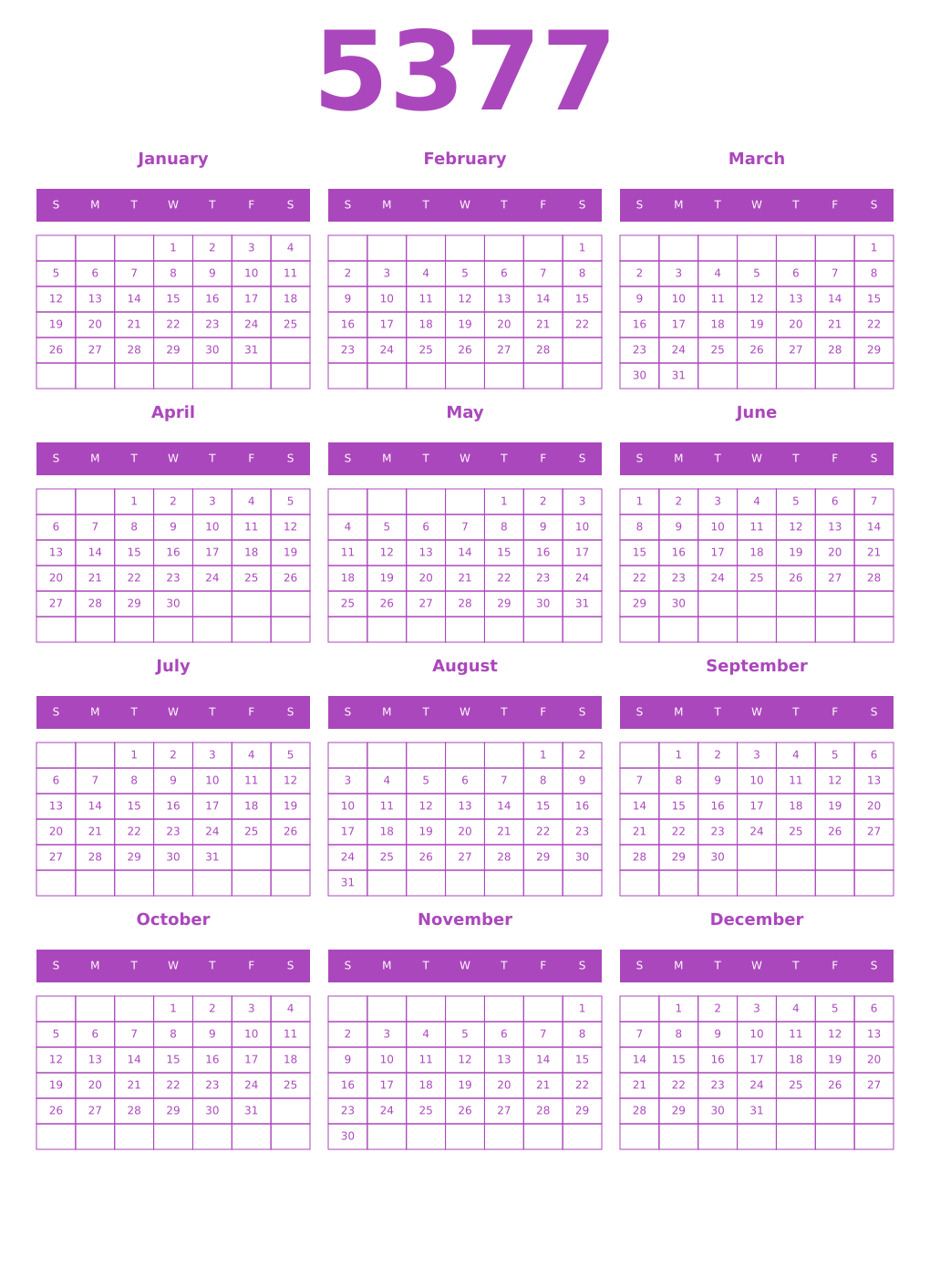 Printable 5377 Year Calendars purple