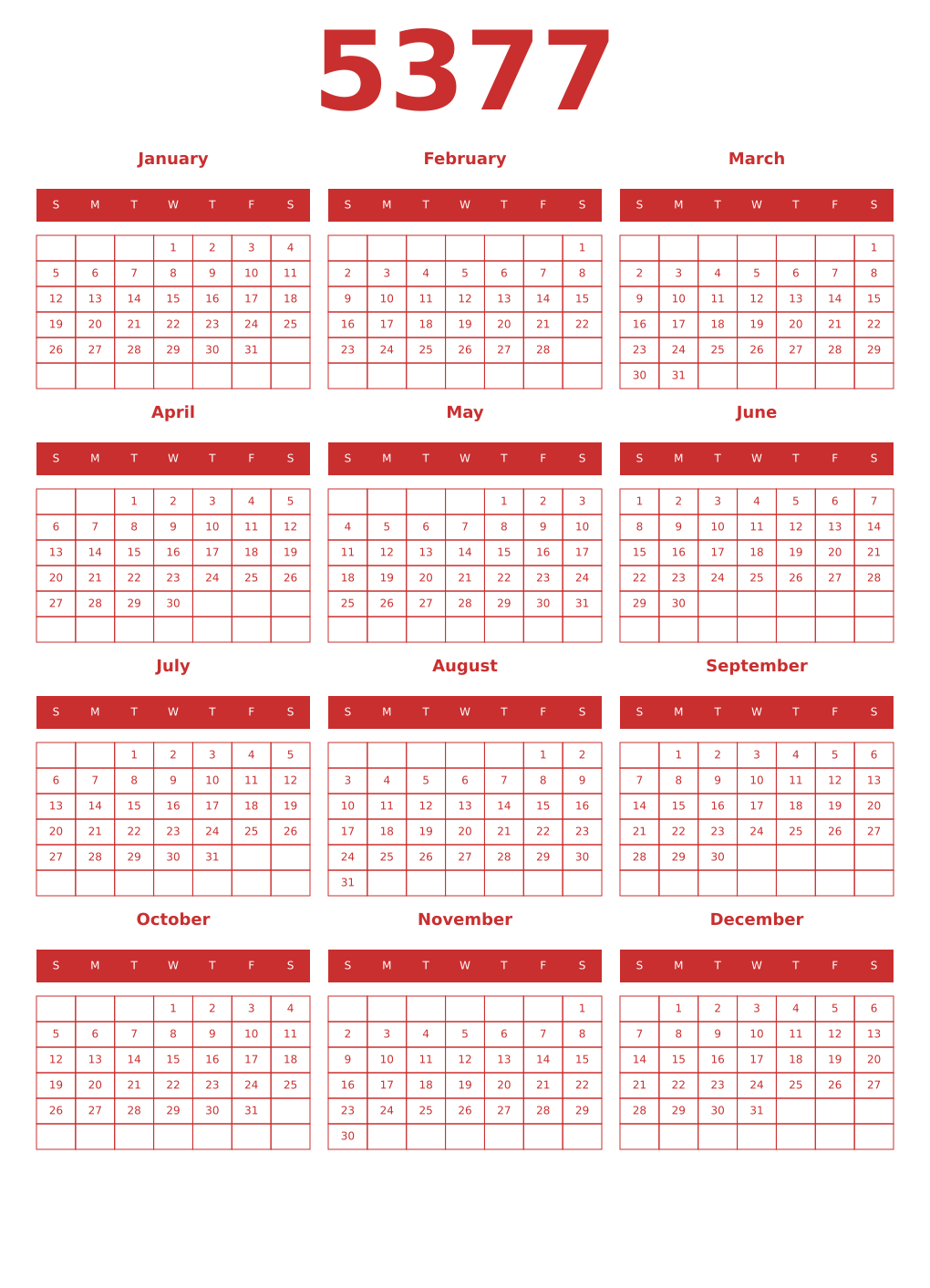 Printable 5377 Year Calendars red