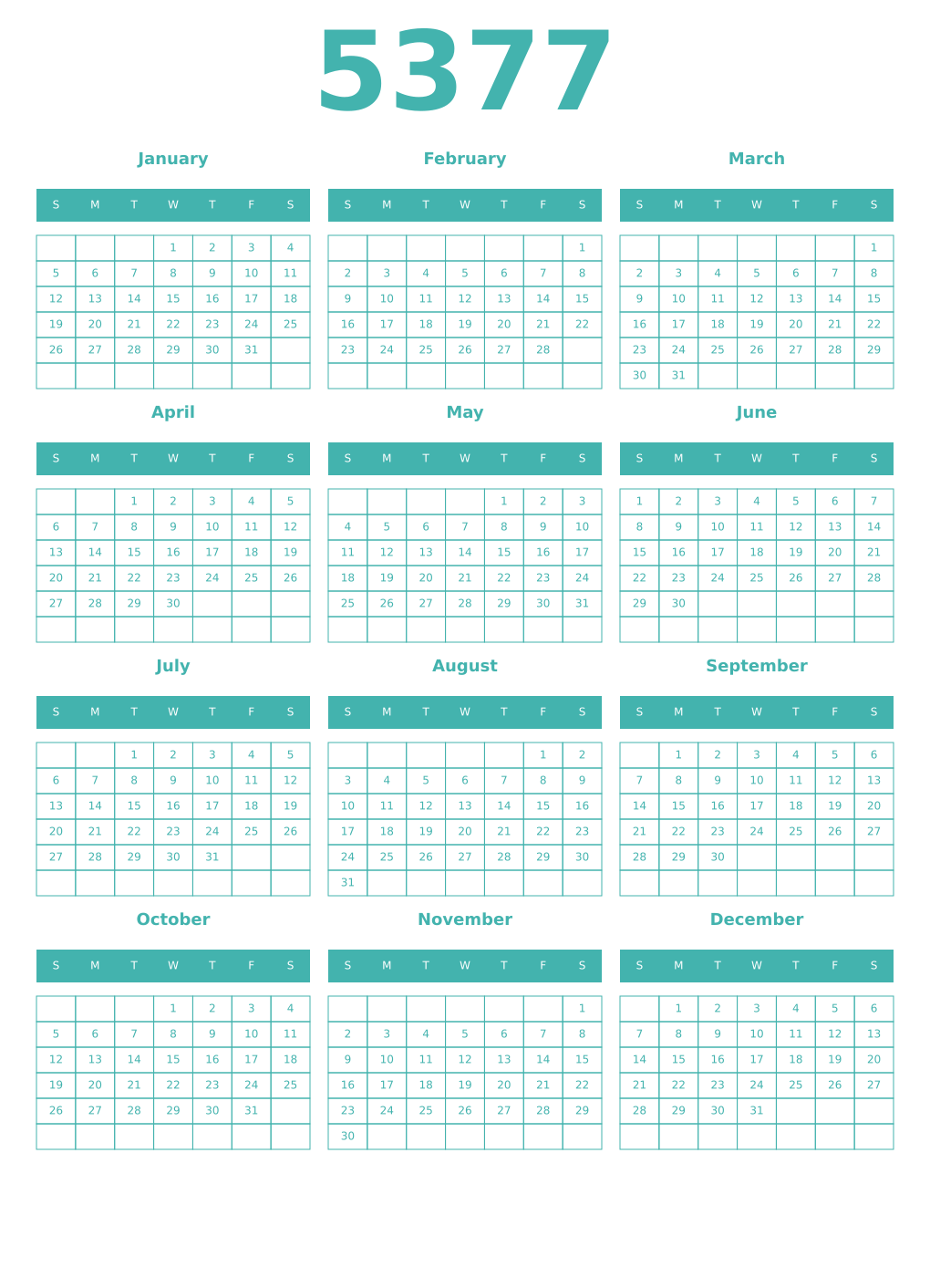 Printable 5377 Year Calendars verdigris