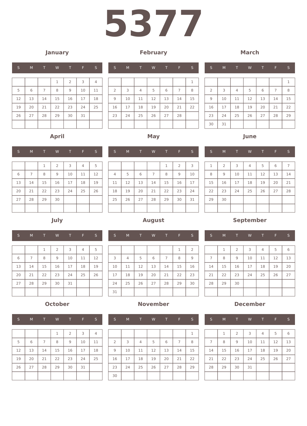 Printable 5377 Year Calendars wenge