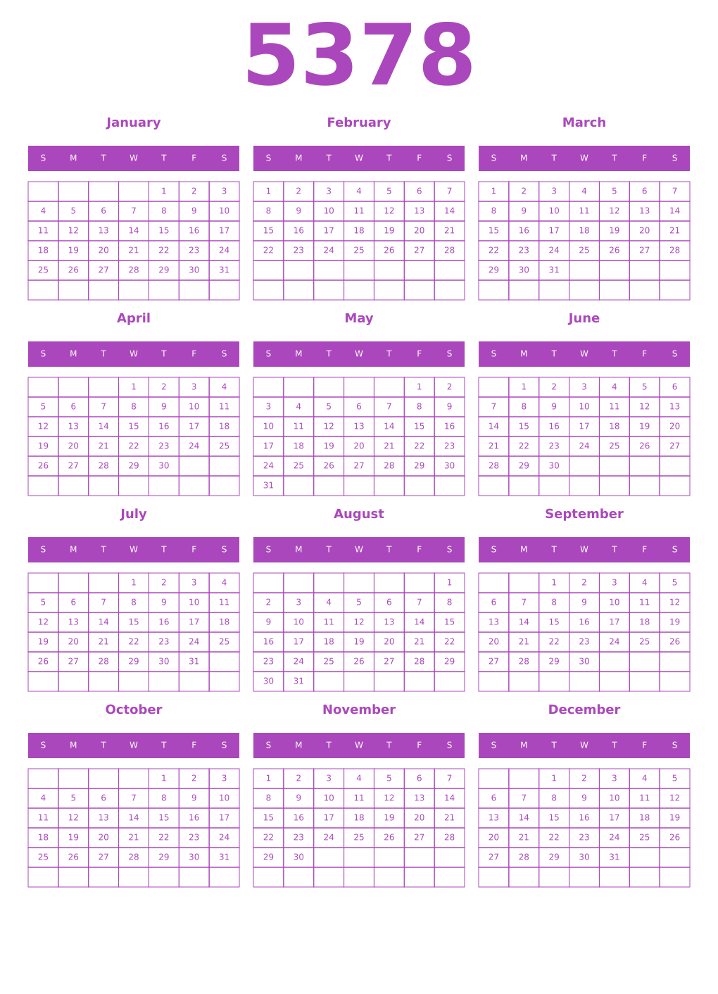 Printable 5378 Calendars