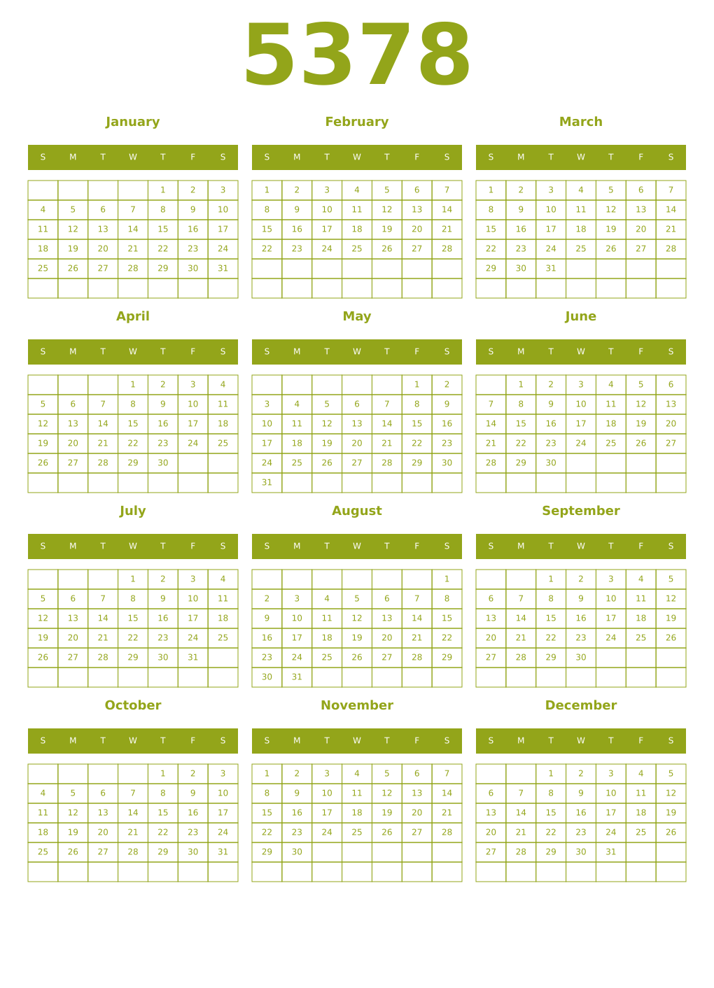 Printable 5378 Year Calendars chartreuse