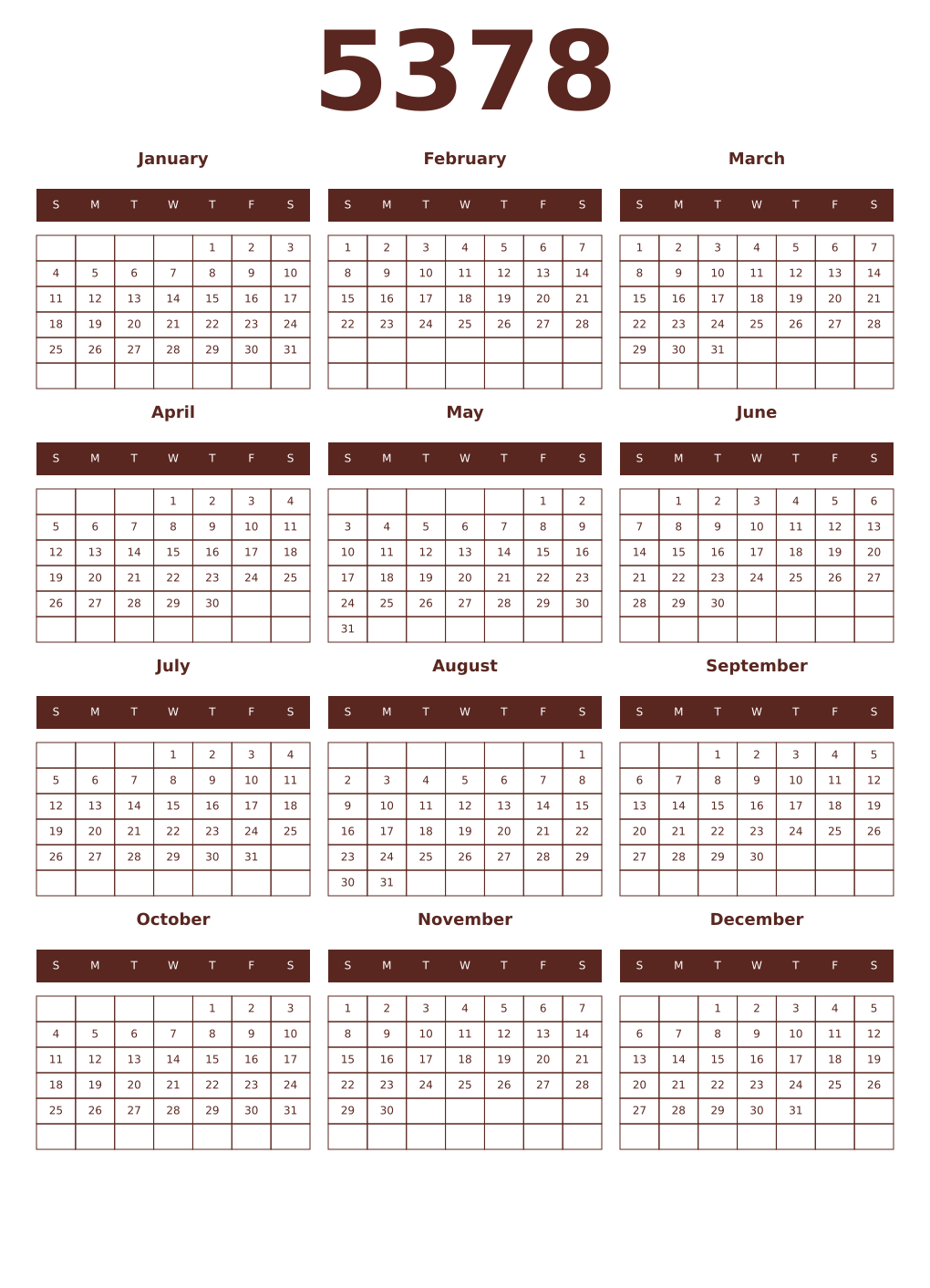 Printable 5378 Year Calendars mortuum