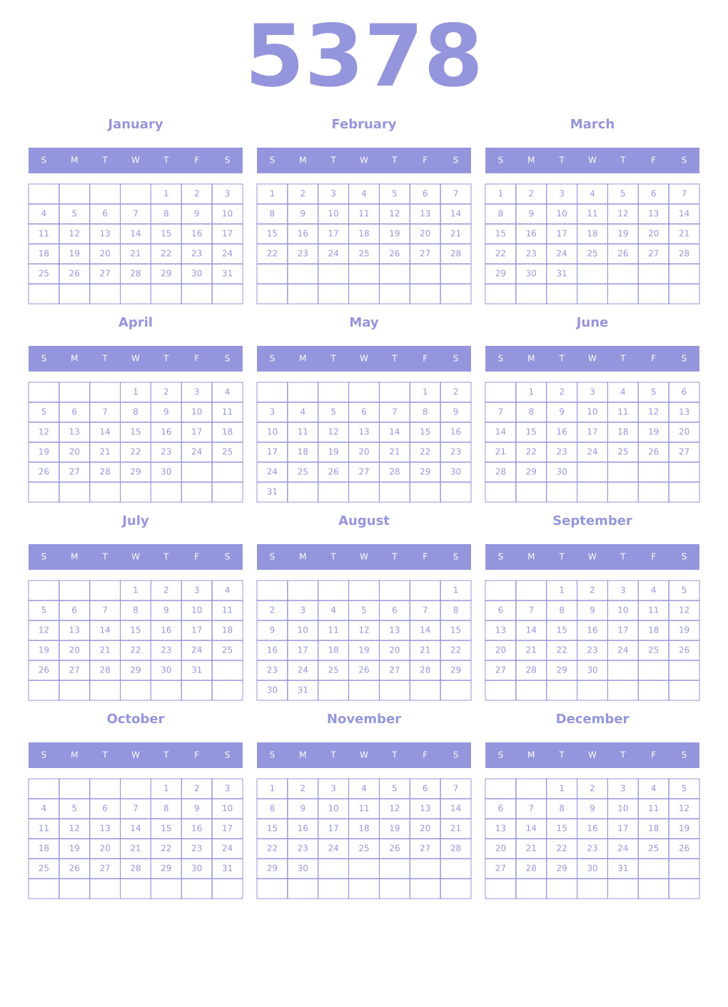 Printable 5378 Year Calendars periwinkle