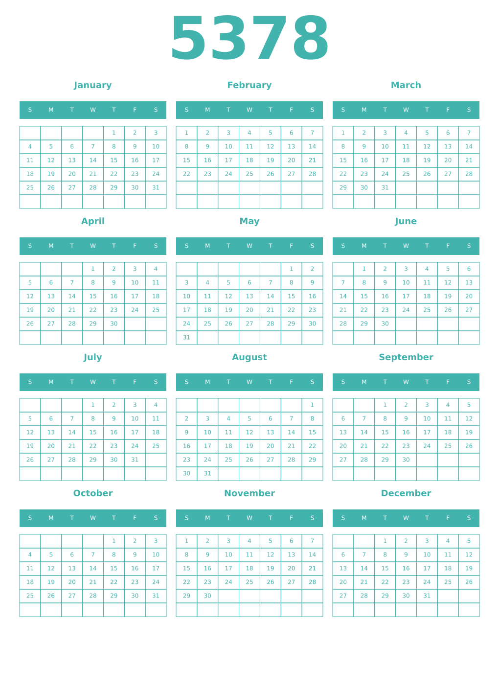 Printable 5378 Year Calendars verdigris