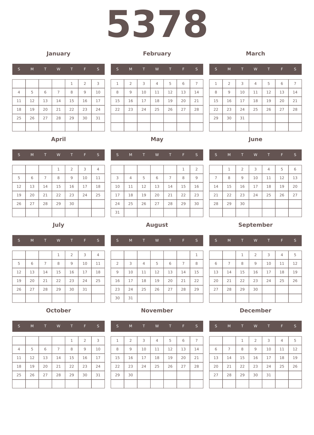Printable 5378 Year Calendars wenge
