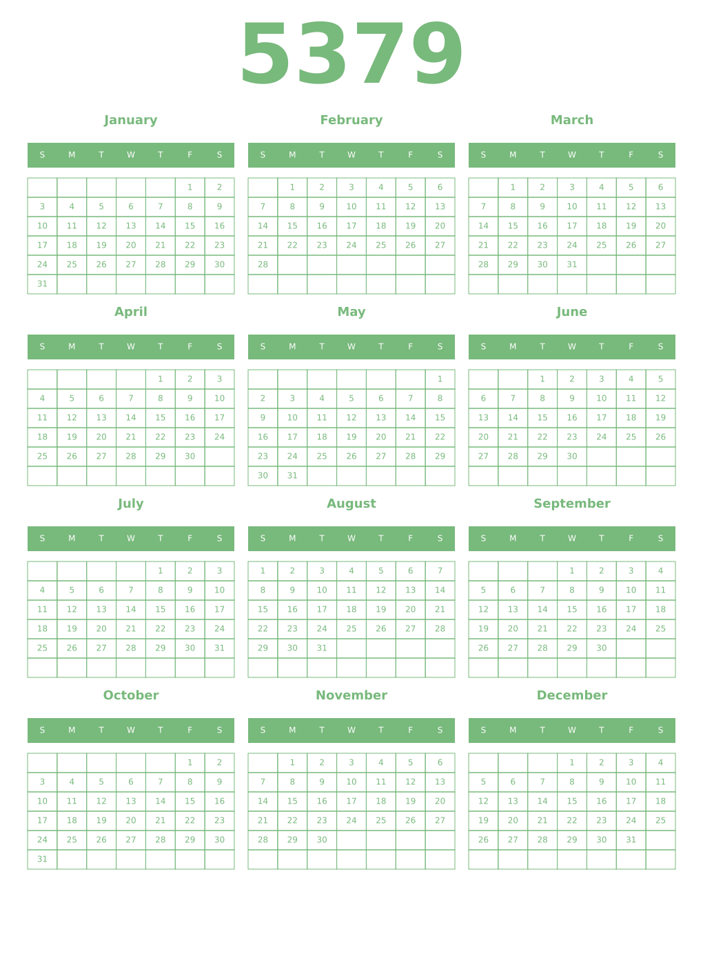 Printable 5379 Year Calendars celadon