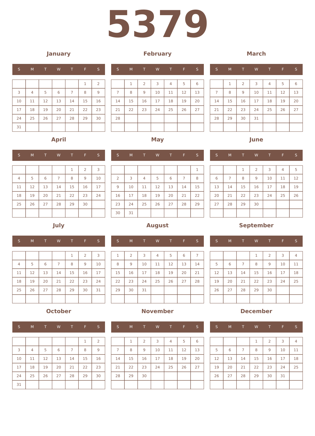 Printable 5379 Year Calendars coffe