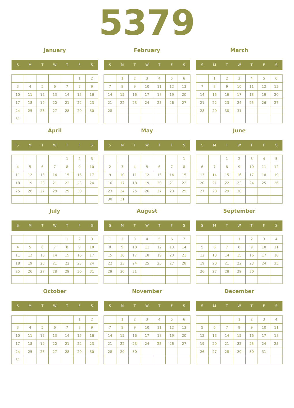 Printable 5379 Year Calendars eburnean