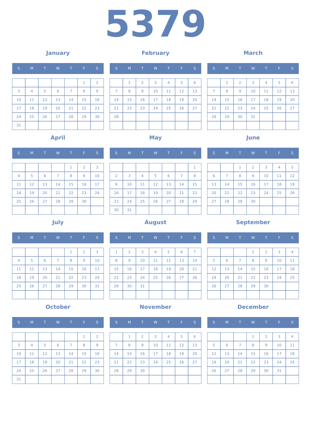 Printable 5379 Year Calendars glaucous