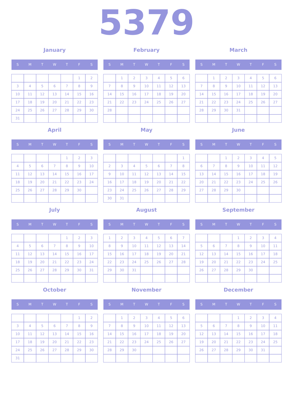 Printable 5379 Year Calendars periwinkle