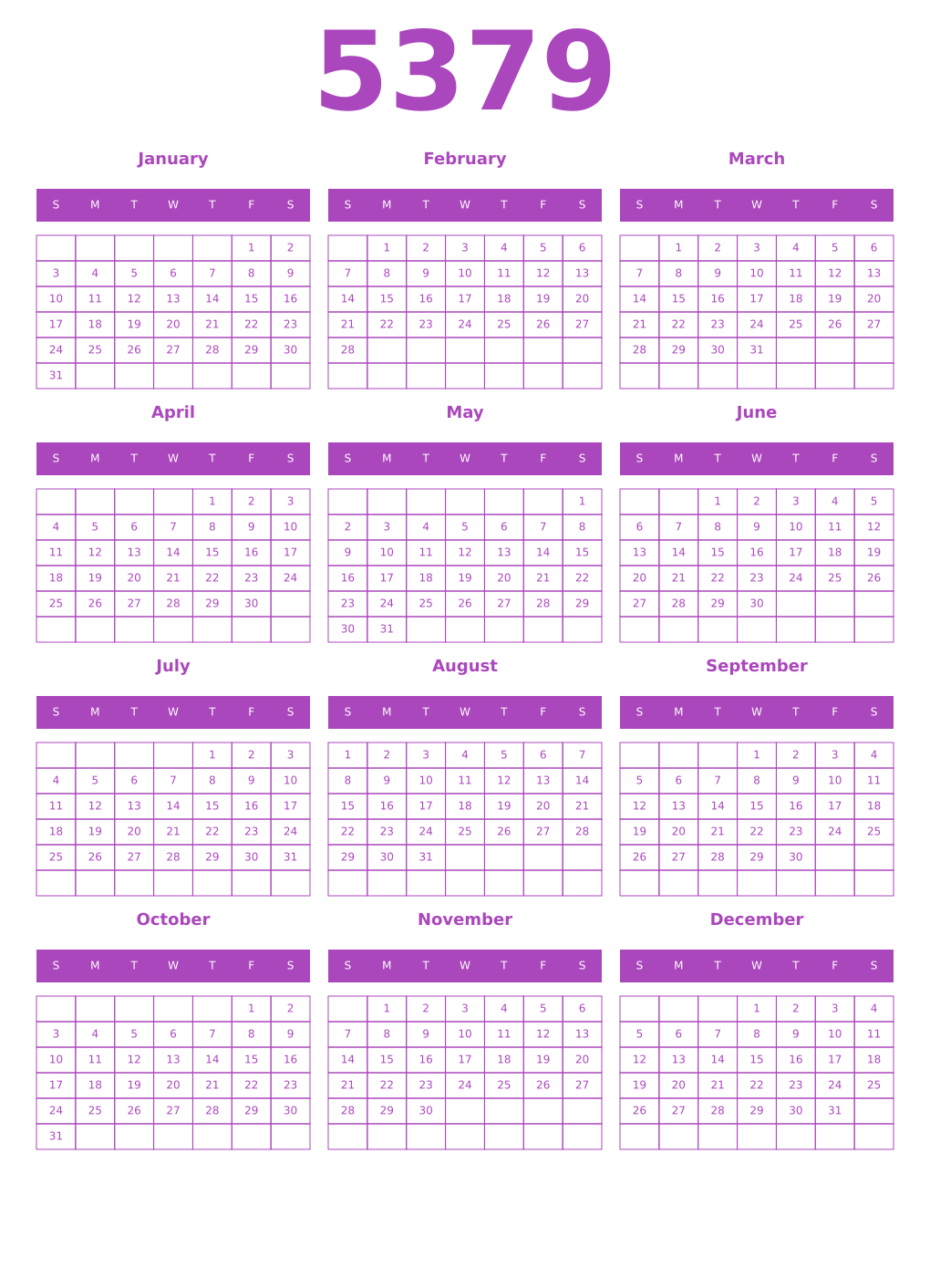 Printable 5379 Year Calendars purple