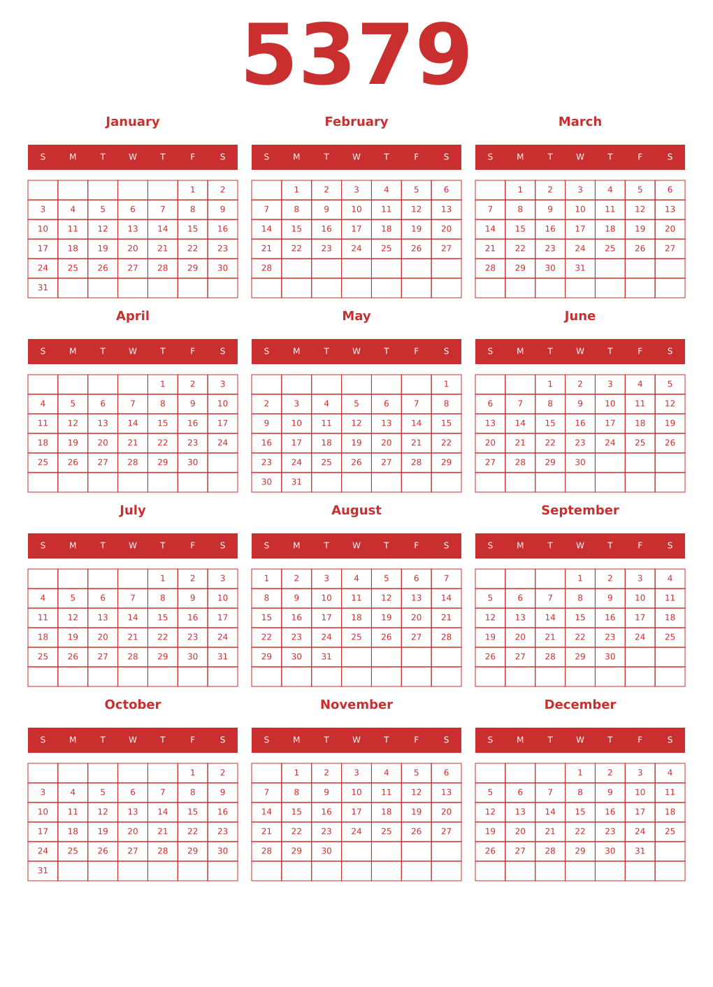 Printable 5379 Year Calendars red