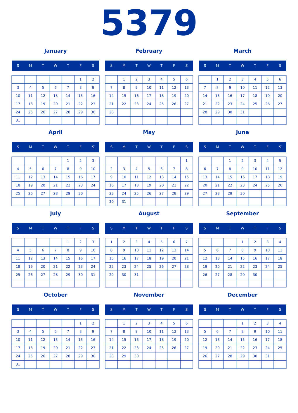 Printable 5379 Year Calendars smalt