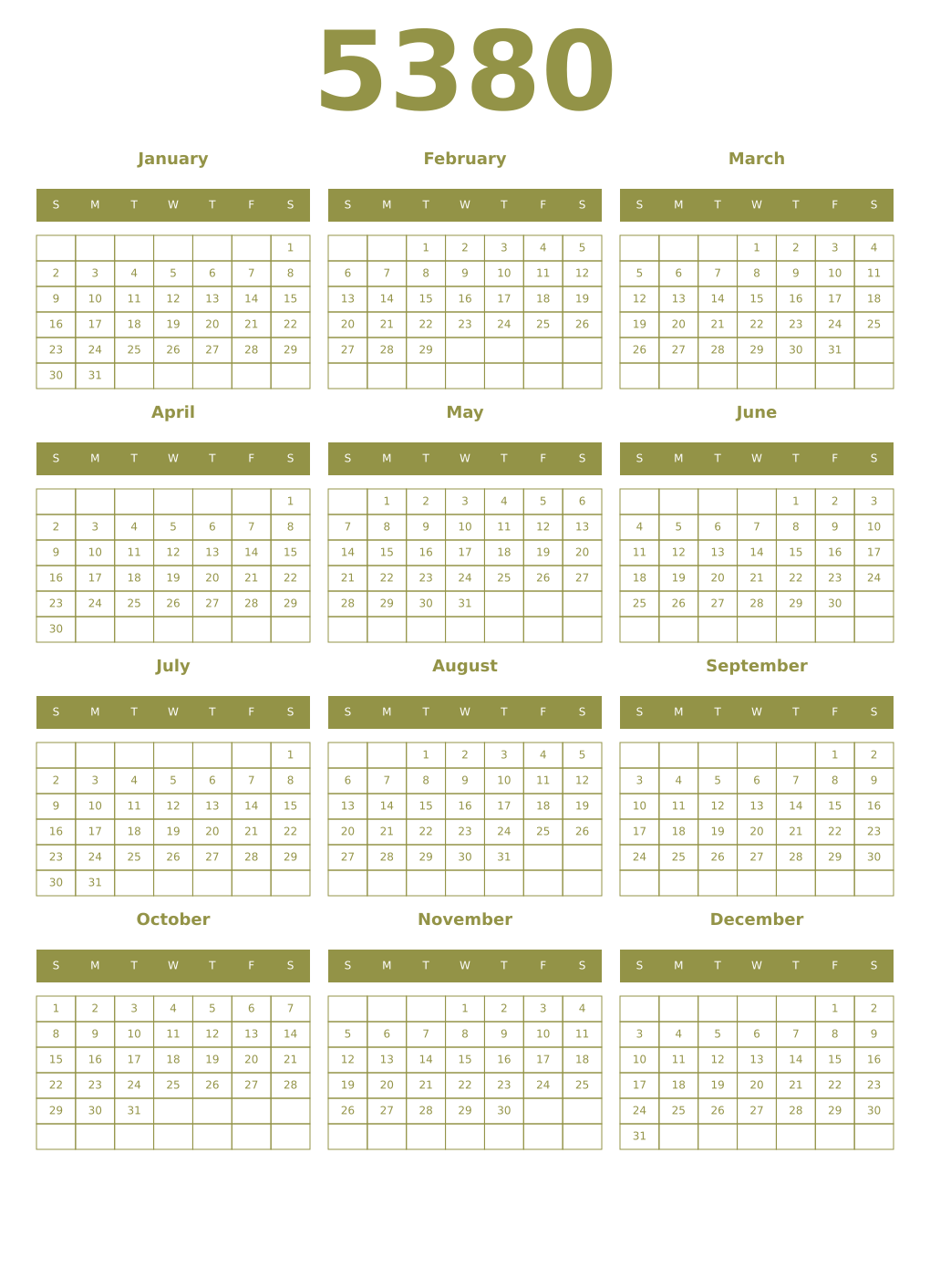Printable 5380 Year Calendars eburnean