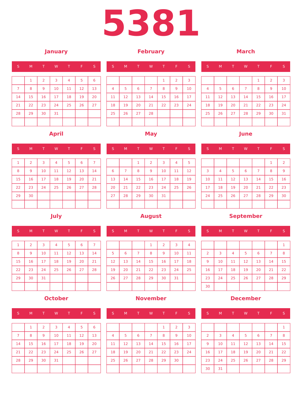 Printable 5381 Year Calendars amaranth