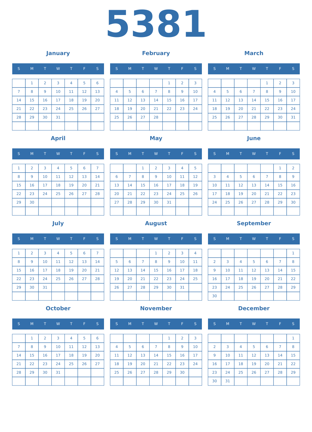 Printable 5381 Year Calendars blue