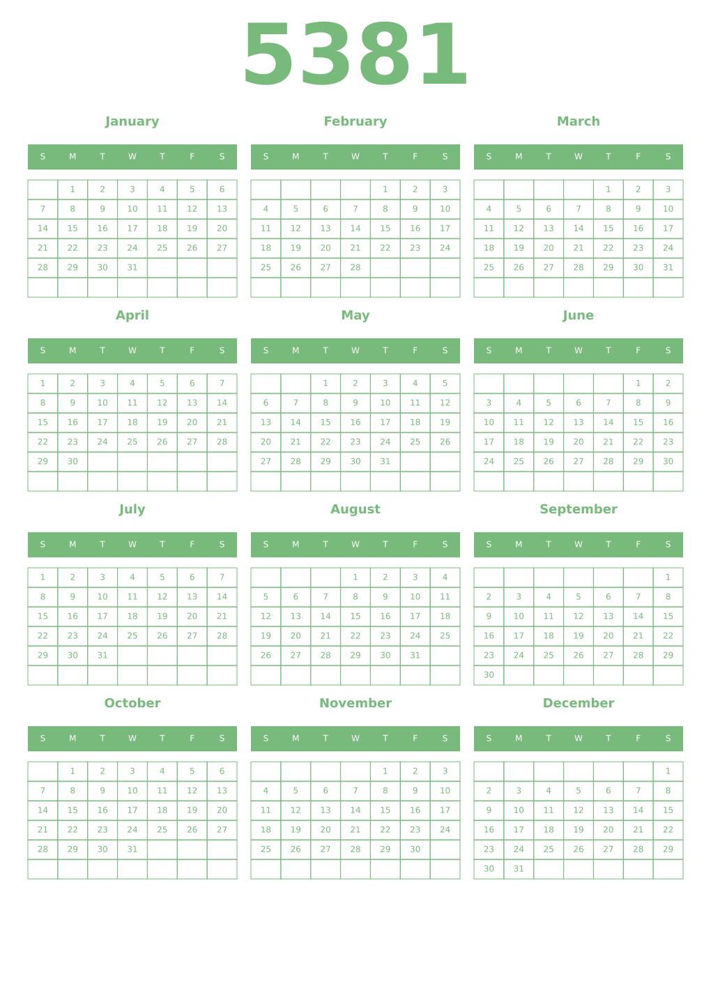 Printable 5381 Year Calendars celadon