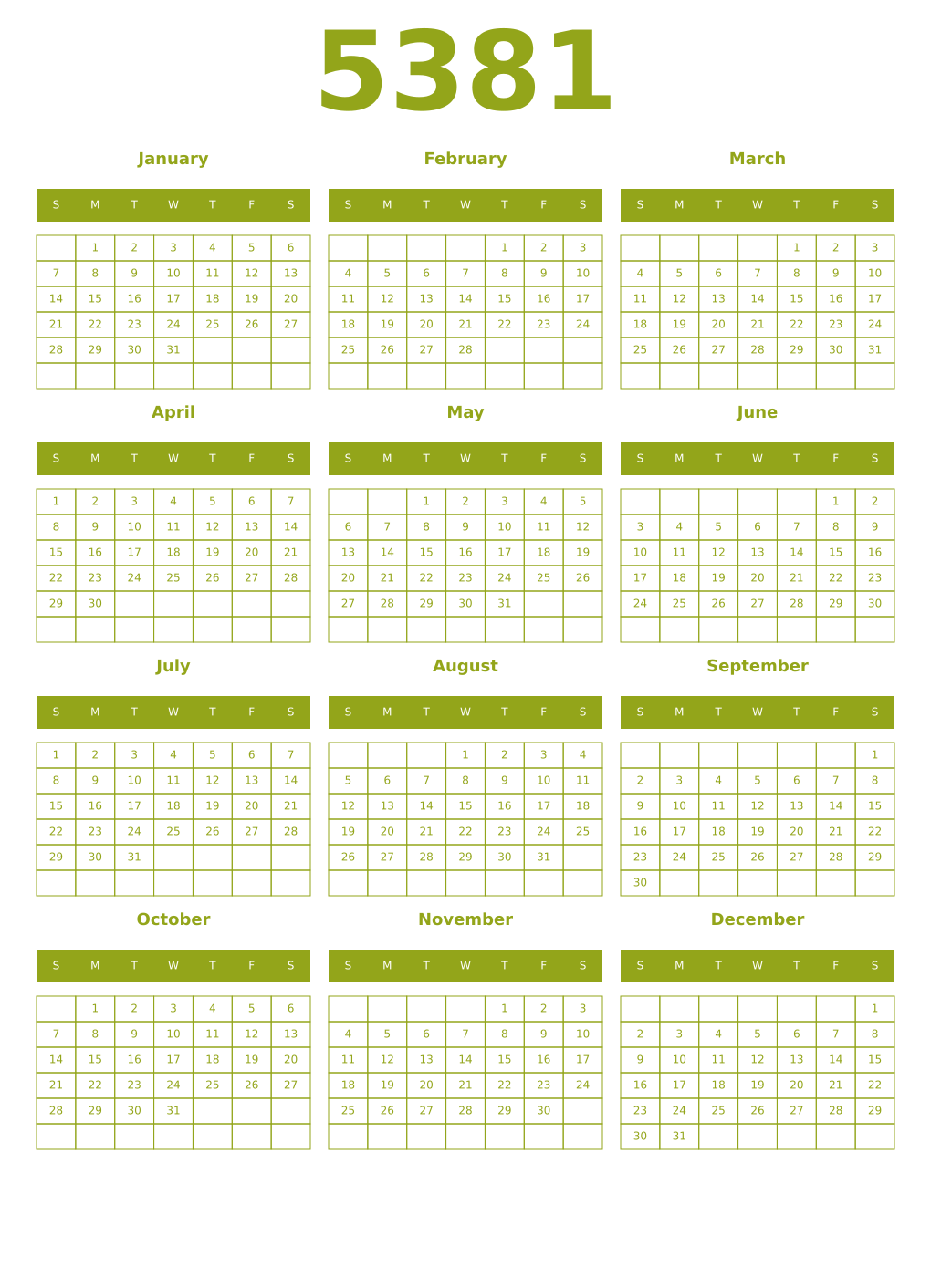 Printable 5381 Year Calendars chartreuse