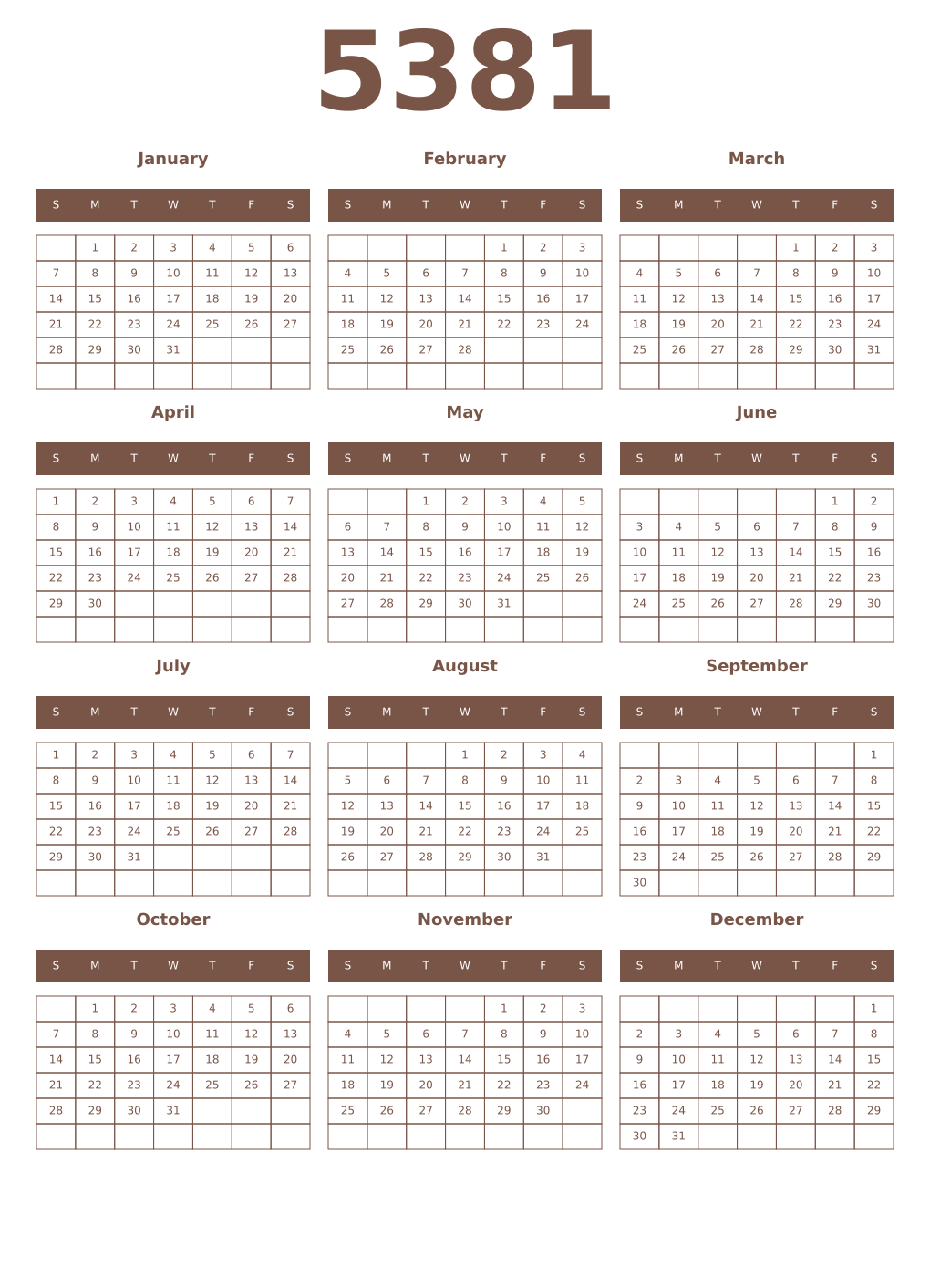 Printable 5381 Year Calendars coffe