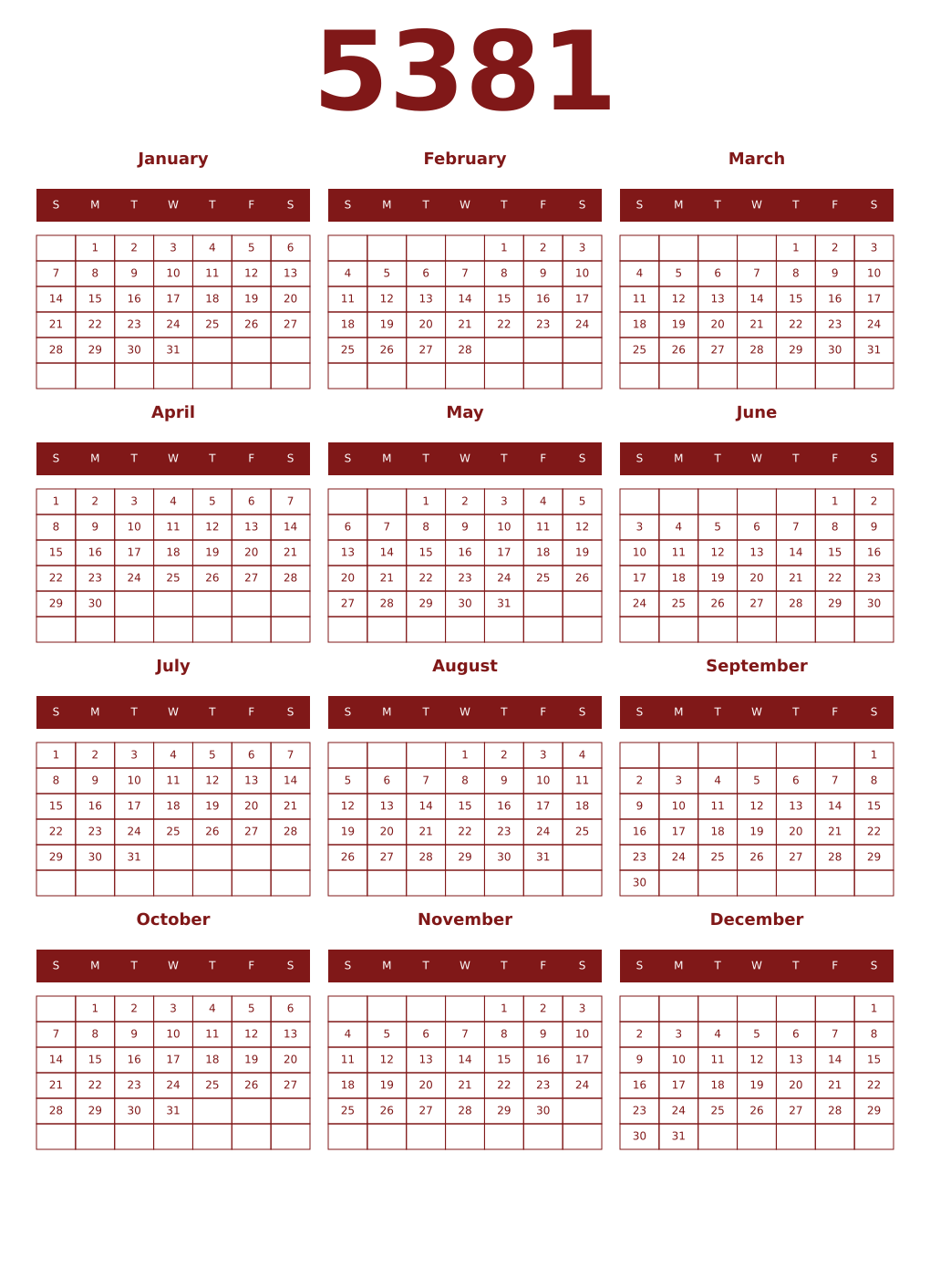 Printable 5381 Year Calendars falu