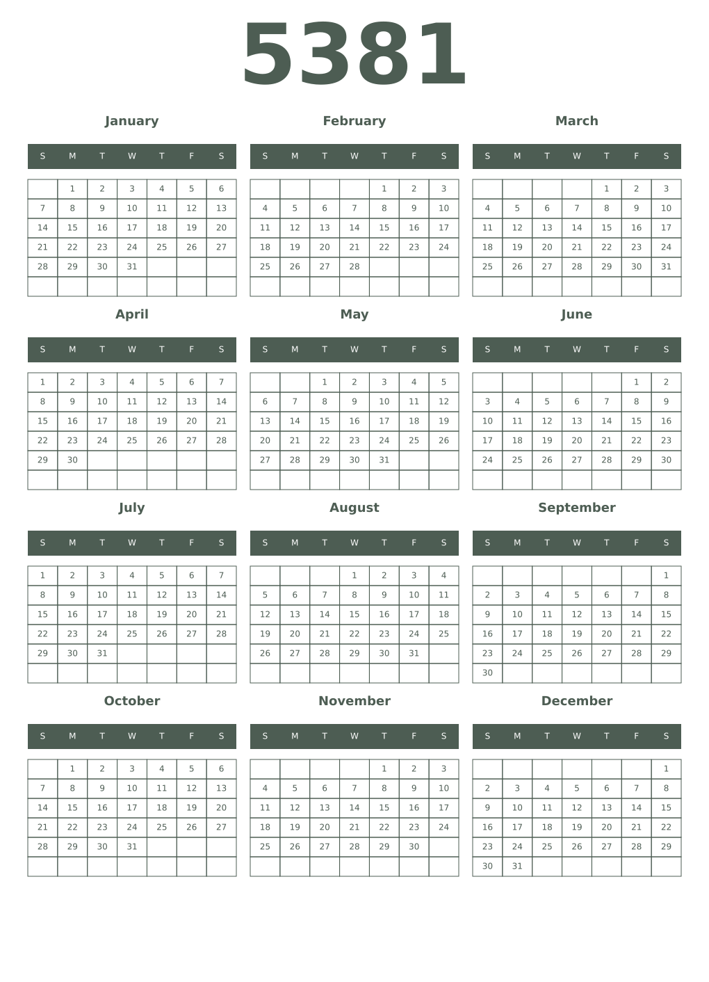Printable 5381 Year Calendars feldgrau