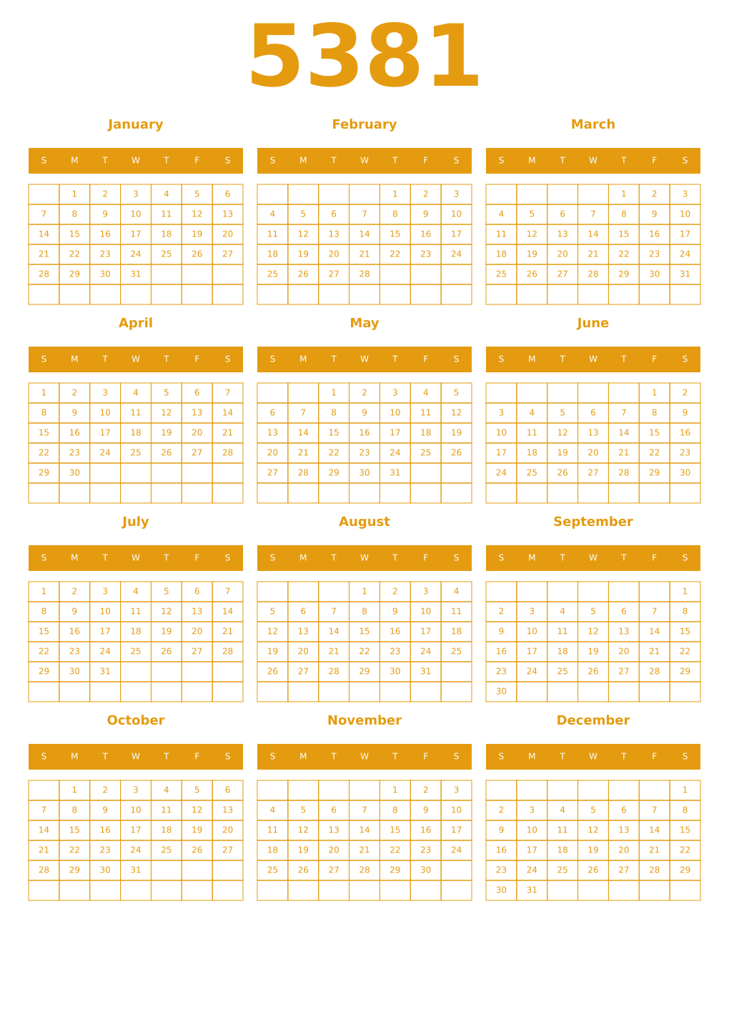 Printable 5381 Year Calendars gamboge
