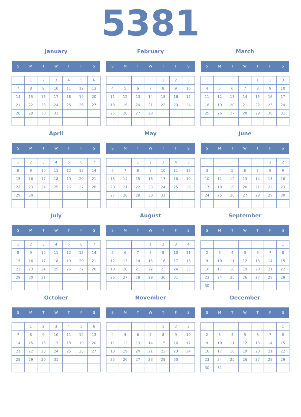 Printable 5381 Year Calendars glaucous