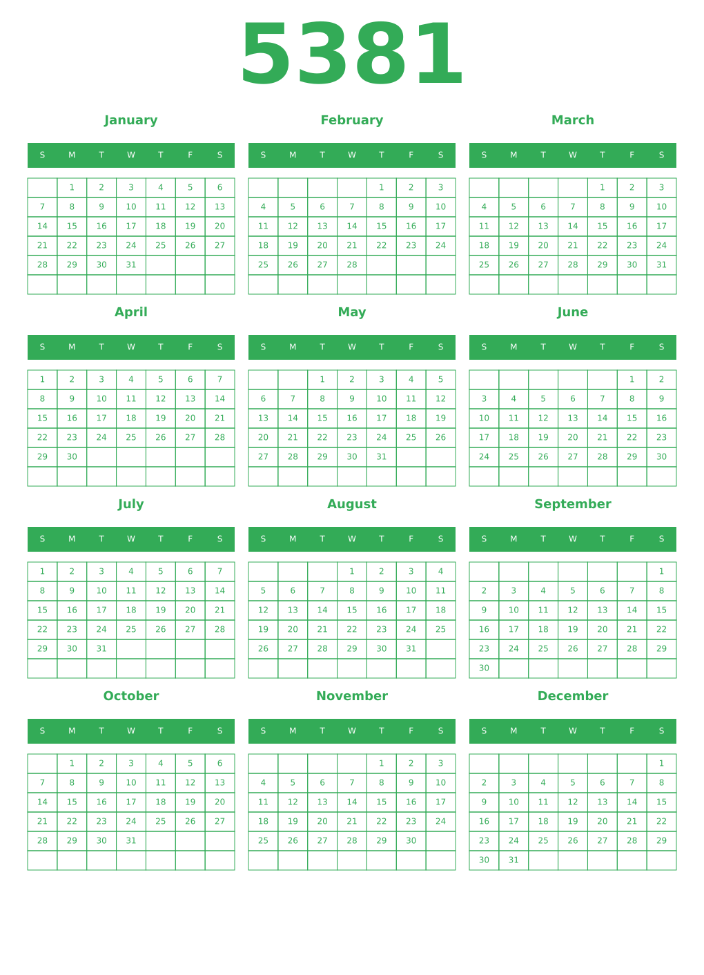 Printable 5381 Year Calendars green
