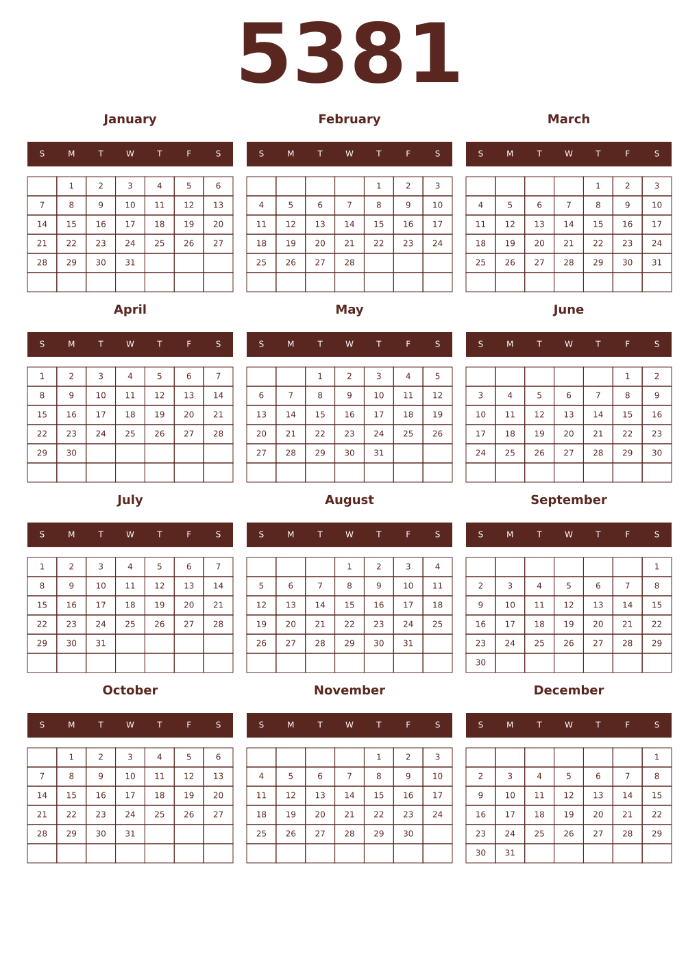 Printable 5381 Year Calendars mortuum