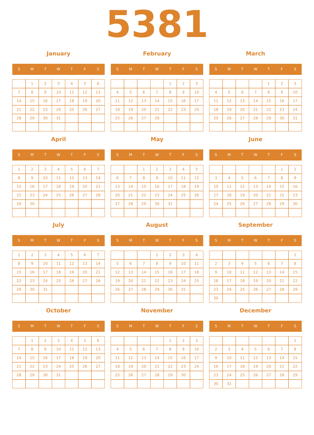 Printable 5381 Year Calendars orange