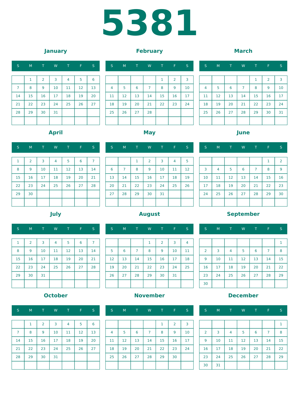 Printable 5381 Year Calendars pastel
