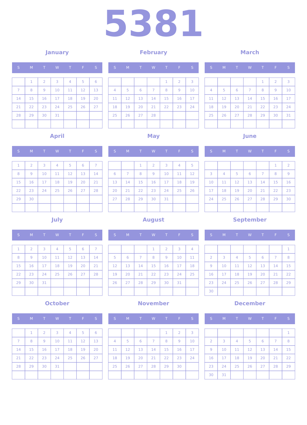 Printable 5381 Year Calendars periwinkle