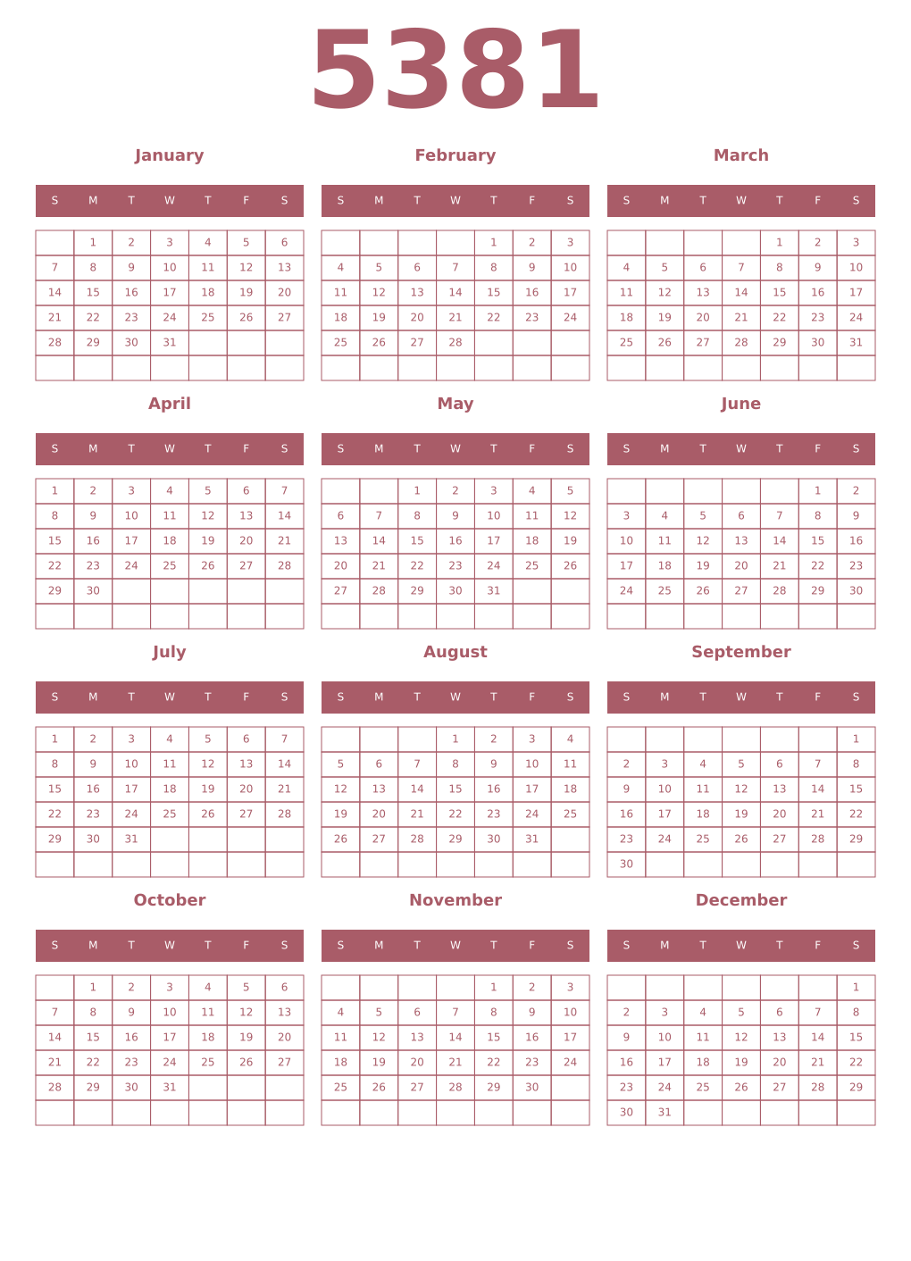Printable 5381 Year Calendars puce