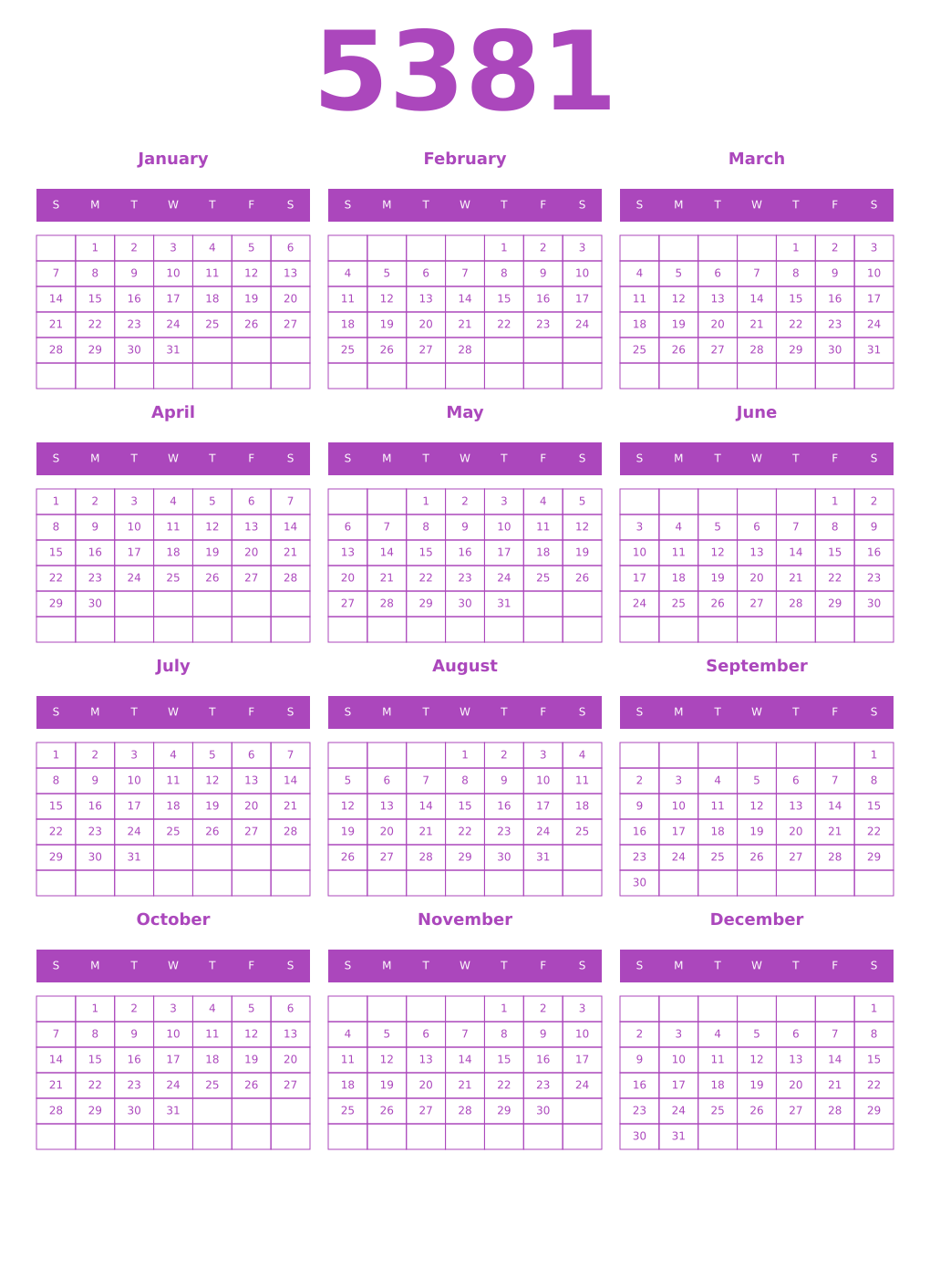Printable 5381 Year Calendars purple